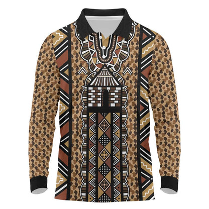 Mali Mud Cloth Leopards Legacy Long Sleeve Polo Shirt African Tribal Pattern - African Pride