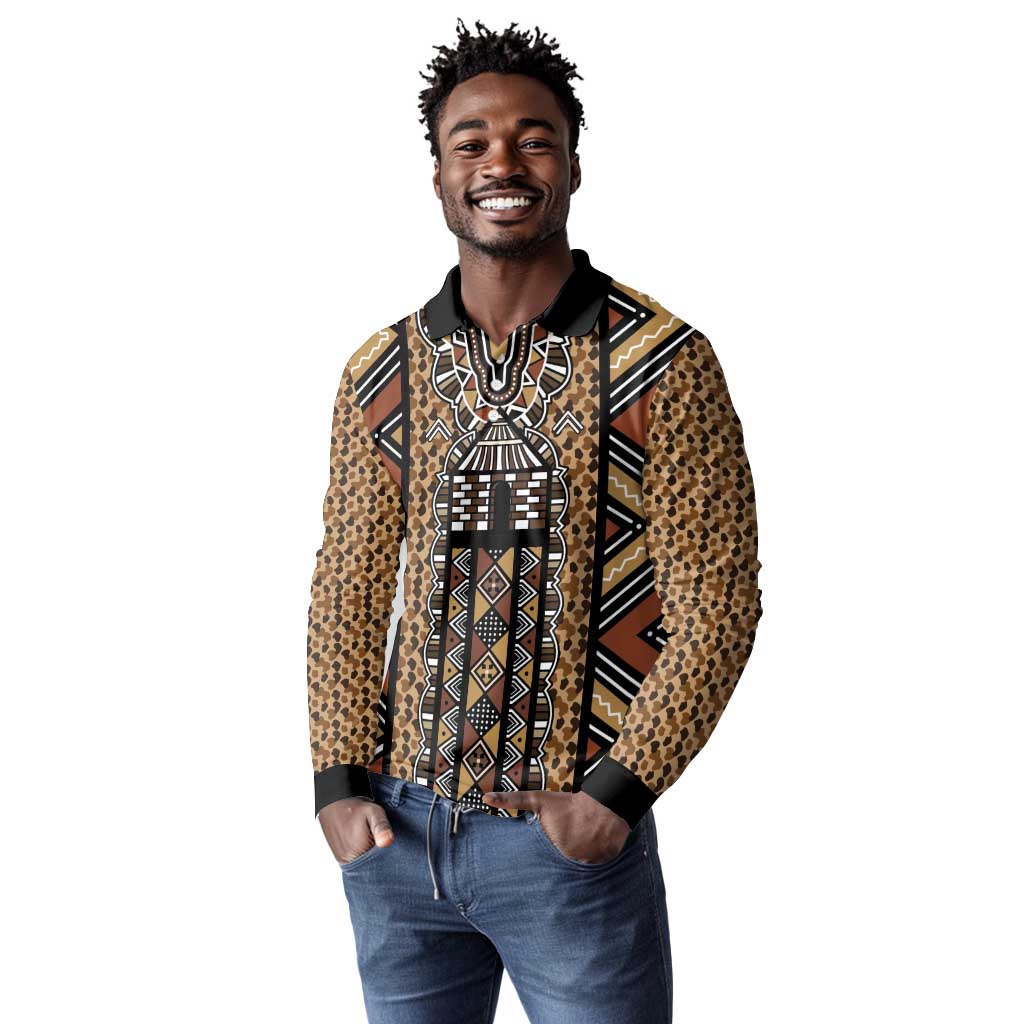 Mali Mud Cloth Leopards Legacy Long Sleeve Polo Shirt African Tribal Pattern - African Pride