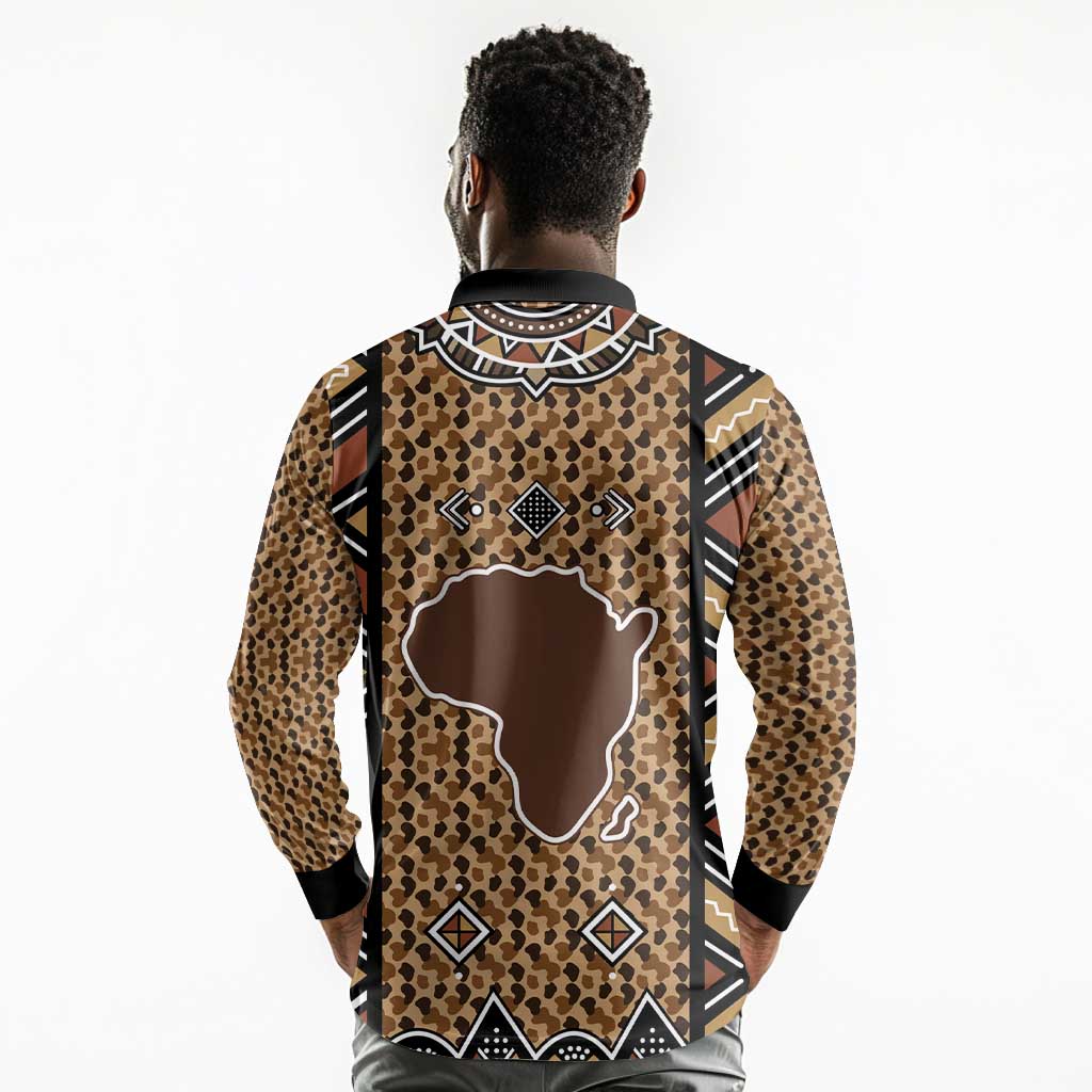 Mali Mud Cloth Leopards Legacy Long Sleeve Polo Shirt African Tribal Pattern - African Pride
