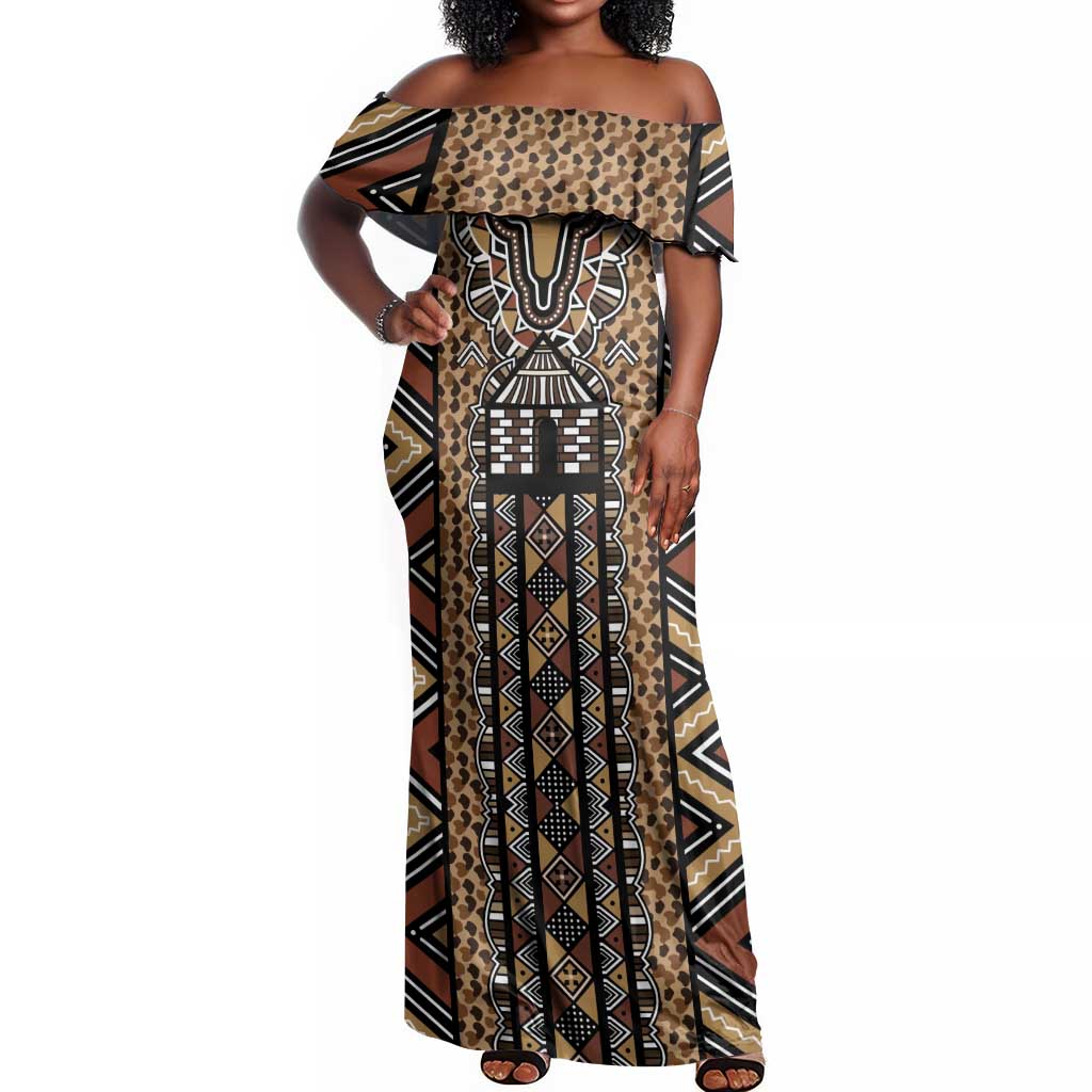 Mali Mud Cloth Leopards Legacy Off Shoulder Maxi Dress African Tribal Pattern - African Pride