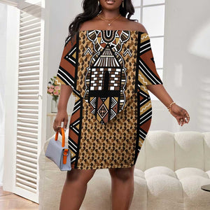 Mali Mud Cloth Leopards Legacy Off Shoulder Short Dress African Tribal Pattern - African Pride