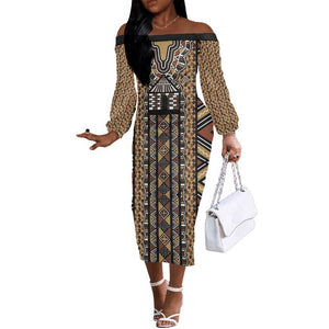 Mali Mud Cloth Leopards Legacy Off The Shoulder Long Sleeve Dress African Tribal Pattern - African Pride