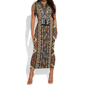 Mali Mud Cloth Leopards Legacy Short Sleeve Bodycon Dress African Tribal Pattern - African Pride