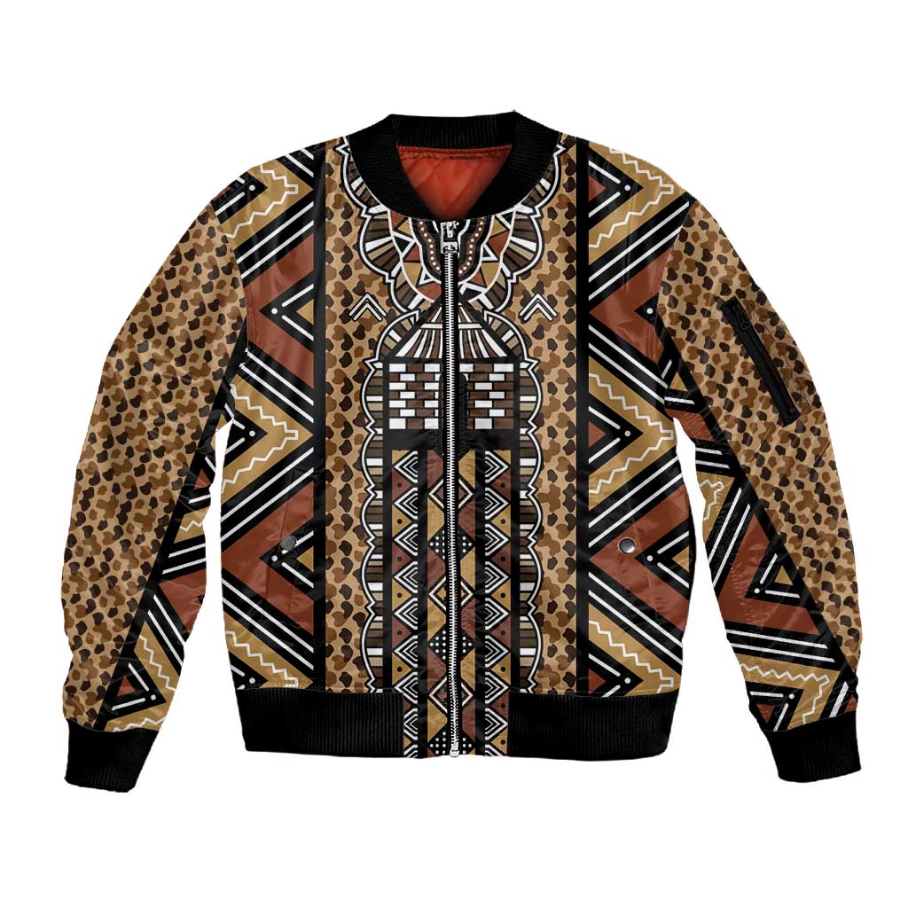 Mali Mud Cloth Leopards Legacy Sleeve Zip Bomber Jacket African Tribal Pattern - African Pride