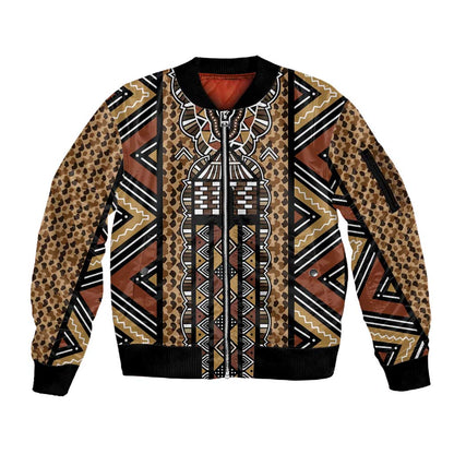 Mali Mud Cloth Leopards Legacy Sleeve Zip Bomber Jacket African Tribal Pattern - African Pride