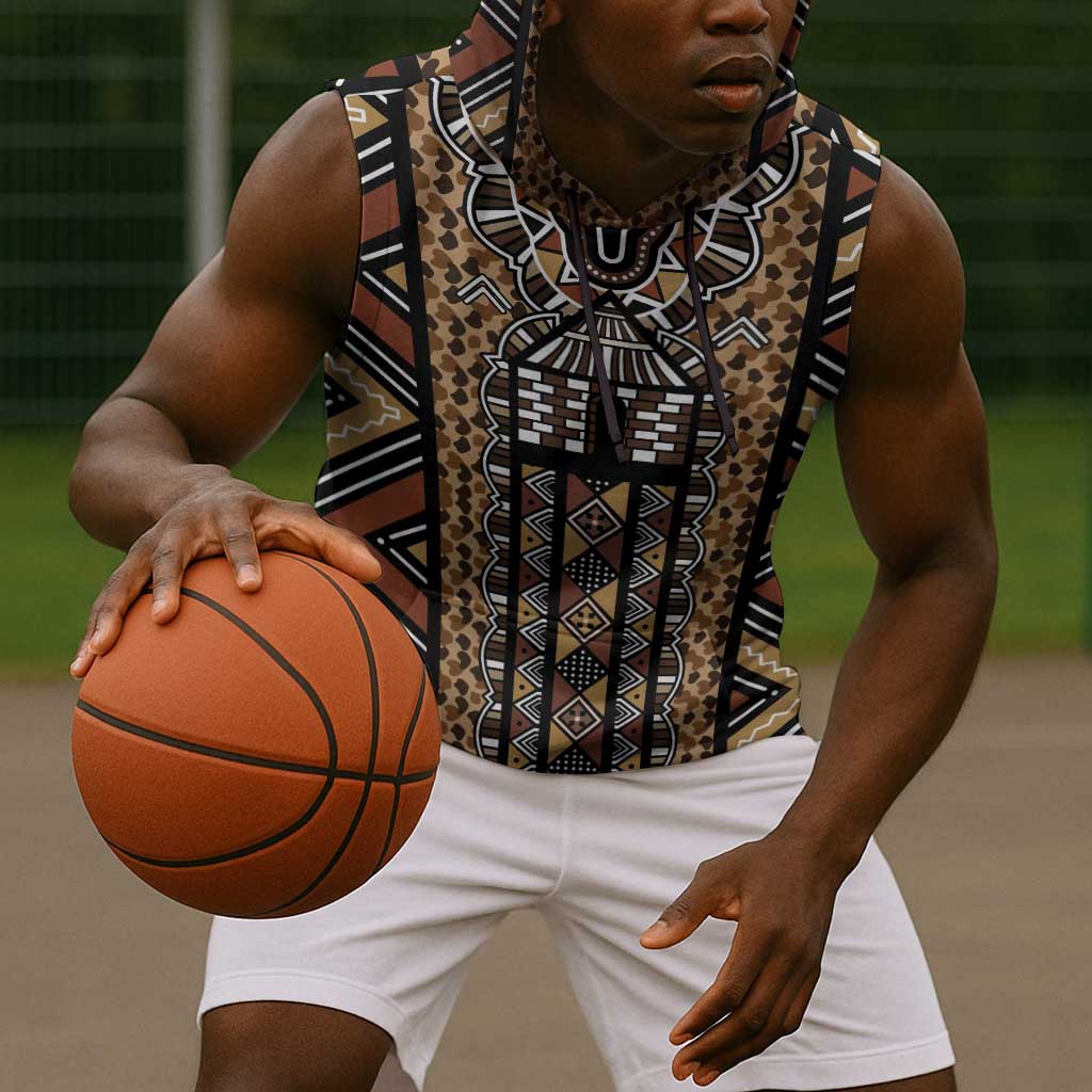 Mali Mud Cloth Leopards Legacy Sleeveless Hoodie African Tribal Pattern - African Pride