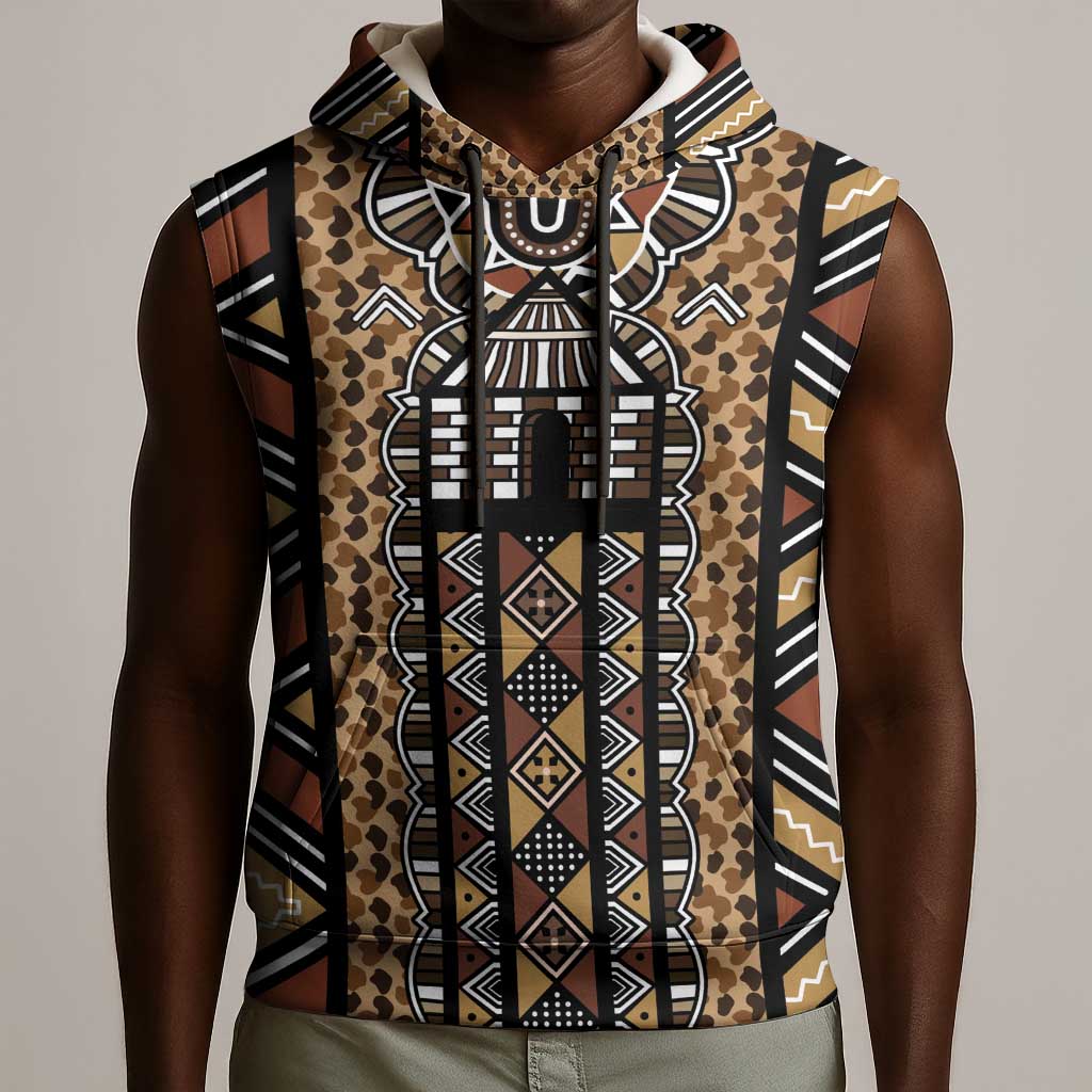 Mali Mud Cloth Leopards Legacy Sleeveless Hoodie African Tribal Pattern - African Pride