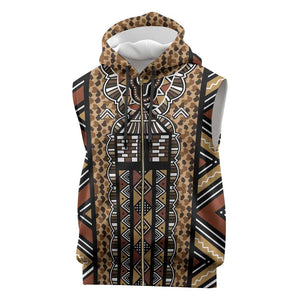 Mali Mud Cloth Leopards Legacy Sleeveless Zip Hoodie African Tribal Pattern - African Pride