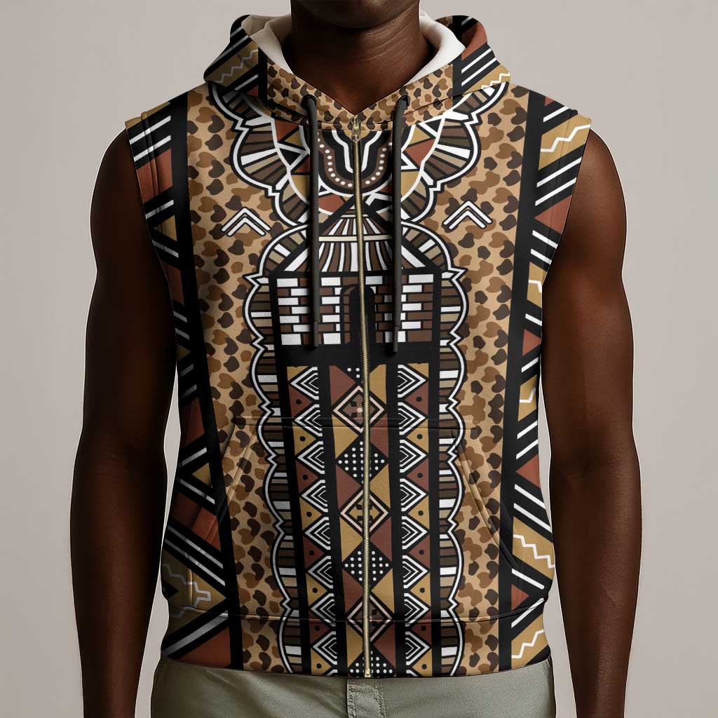 Mali Mud Cloth Leopards Legacy Sleeveless Zip Hoodie African Tribal Pattern - African Pride