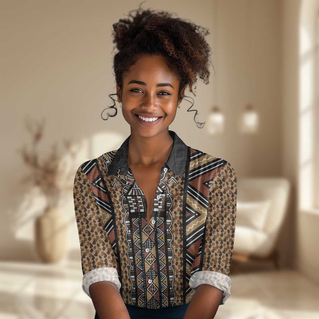 Mali Mud Cloth Leopards Legacy Women Casual Shirt African Tribal Pattern - African Pride