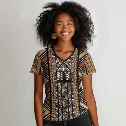 Mali Mud Cloth Leopards Legacy Women V-Neck T-Shirt African Tribal Pattern - African Pride