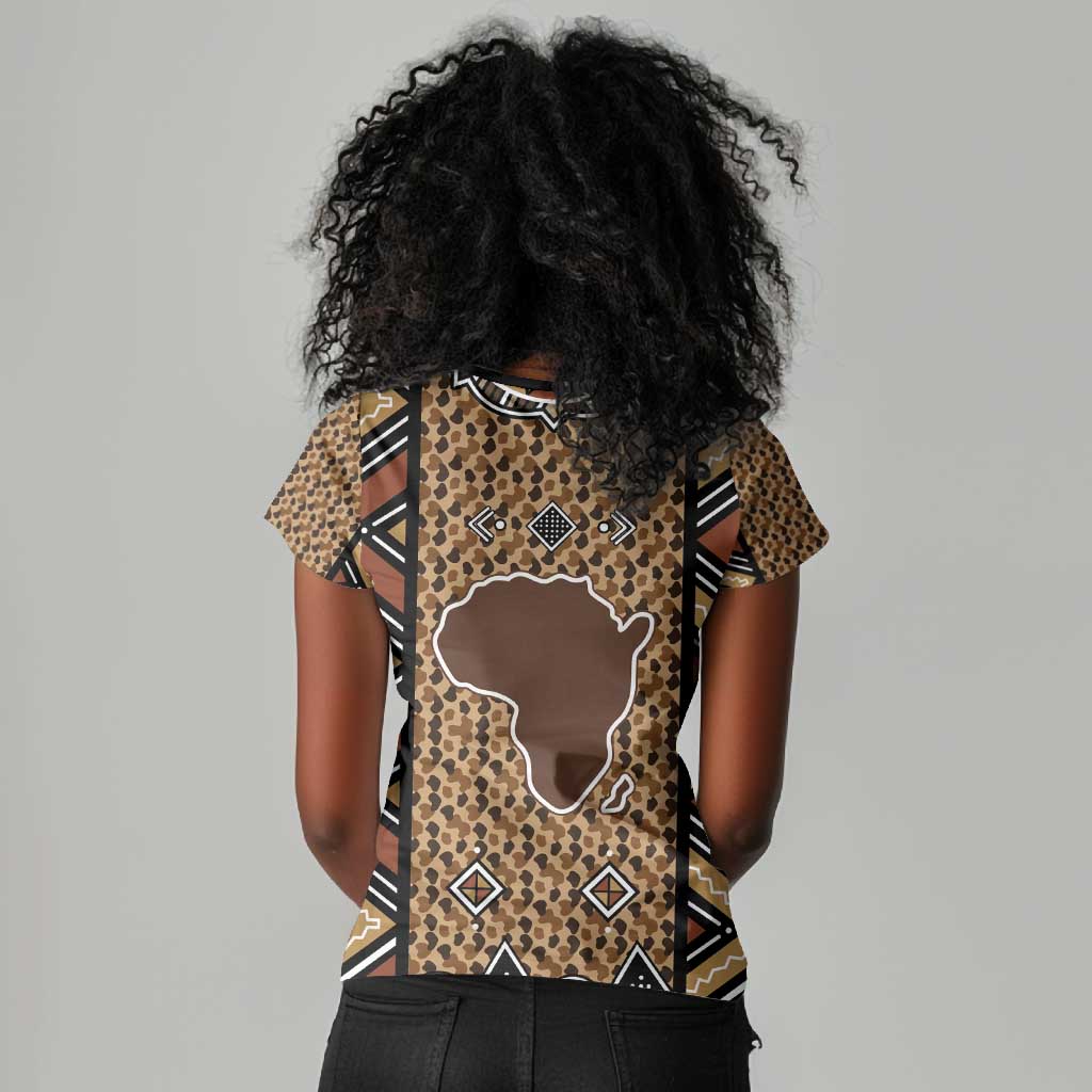 Mali Mud Cloth Leopards Legacy Women V-Neck T-Shirt African Tribal Pattern - African Pride