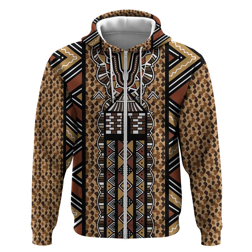 Mali Mud Cloth Leopards Legacy Zip Hoodie African Tribal Pattern - African Pride