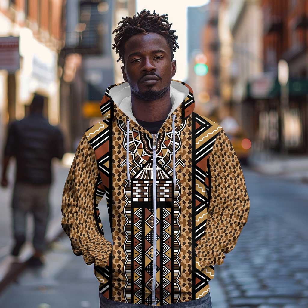 Mali Mud Cloth Leopards Legacy Zip Hoodie African Tribal Pattern - African Pride