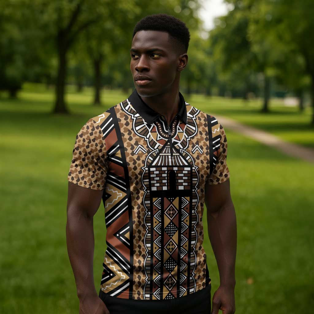 Mali Mud Cloth Leopards Legacy Zipper Polo Shirt Tribal Village