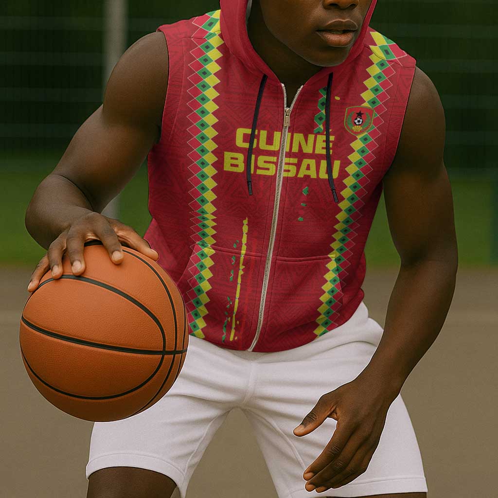 Custom Guinea Bissau Football Sleeveless Zip Hoodie Go Djurtus - African Pattern - African Pride