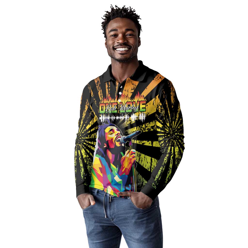 Afro-American Reggae Legend Bob Long Sleeve Polo Shirt One Love - Grunge Style