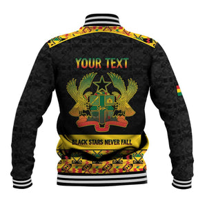 Personalized Afro Ghana Football Baseball Jacket Black Stars Never Fall - Kente Pattern - African Pride