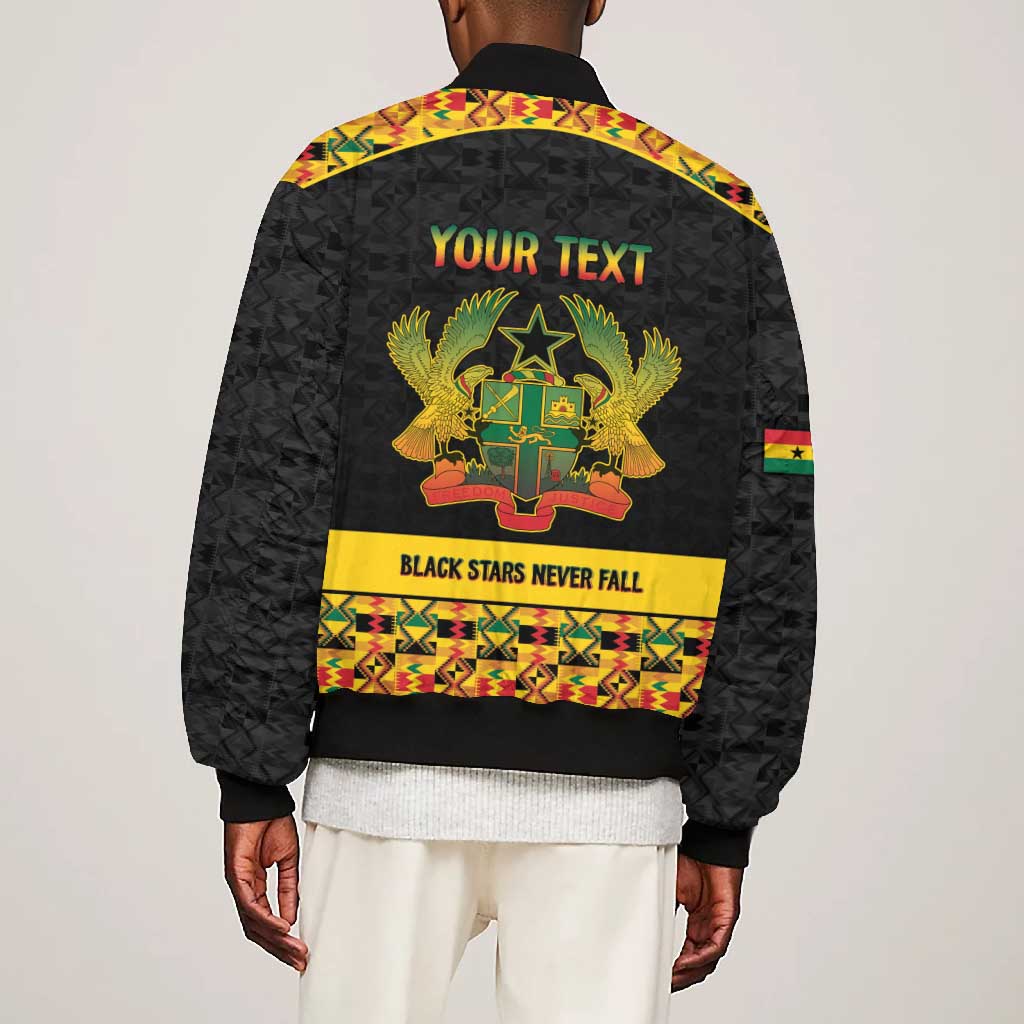 Personalized Afro Ghana Football Bomber Jacket Black Stars Never Fall - Kente Pattern - African Pride
