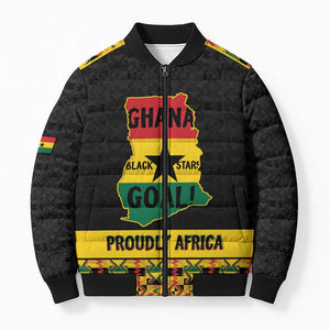 Personalized Afro Ghana Football Bomber Puffer Jacket Black Stars Never Fall - Kente Pattern - African Pride