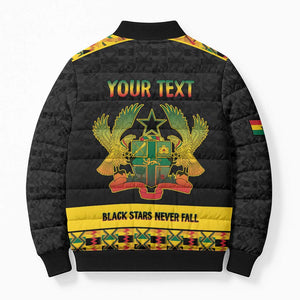 Personalized Afro Ghana Football Bomber Puffer Jacket Black Stars Never Fall - Kente Pattern - African Pride