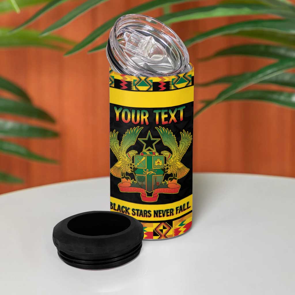 Personalized Afro Ghana Football 4 in 1 Can Cooler Tumbler Black Stars Never Fall - Kente Pattern - African Pride