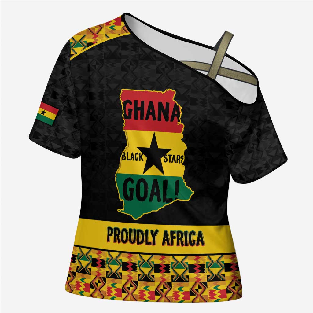 Personalized Afro Ghana Football Cross Shoulder Shirt Black Stars Never Fall - Kente Pattern - African Pride