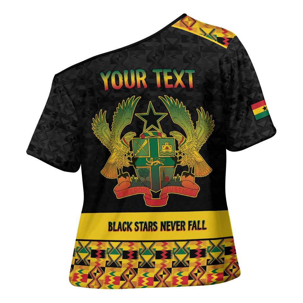 Personalized Afro Ghana Football Cross Shoulder Shirt Black Stars Never Fall - Kente Pattern - African Pride