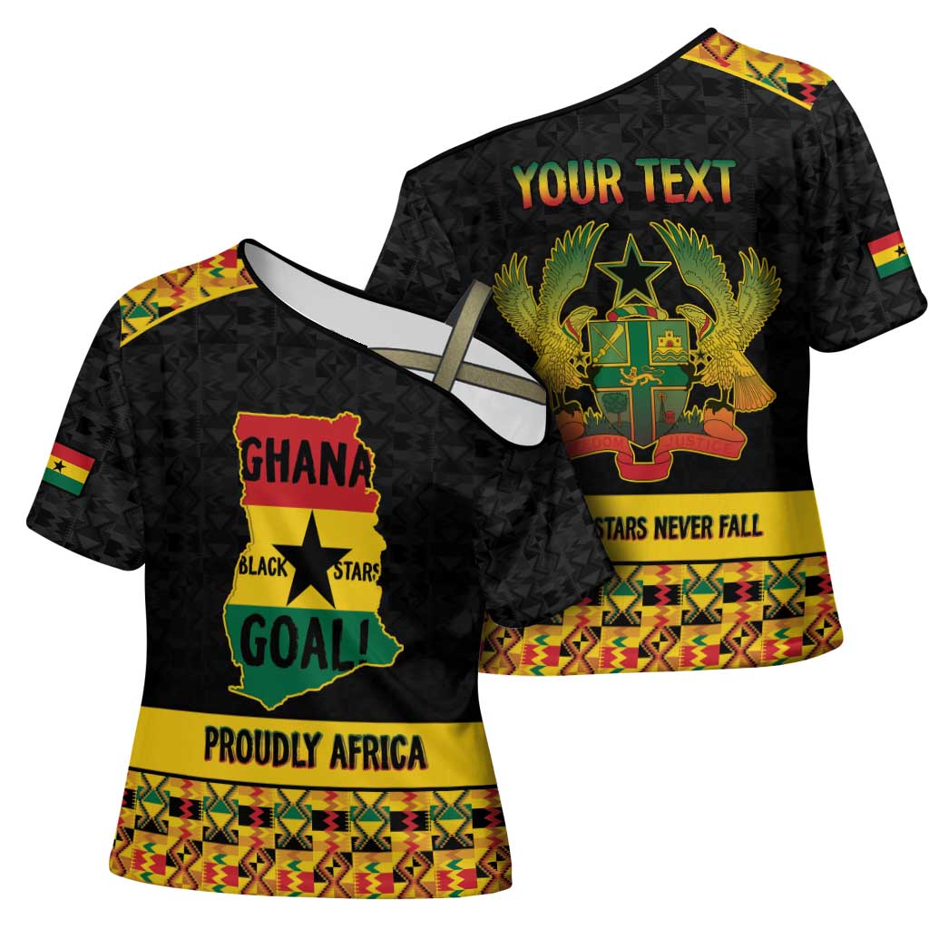 Personalized Afro Ghana Football Cross Shoulder Shirt Black Stars Never Fall - Kente Pattern - African Pride
