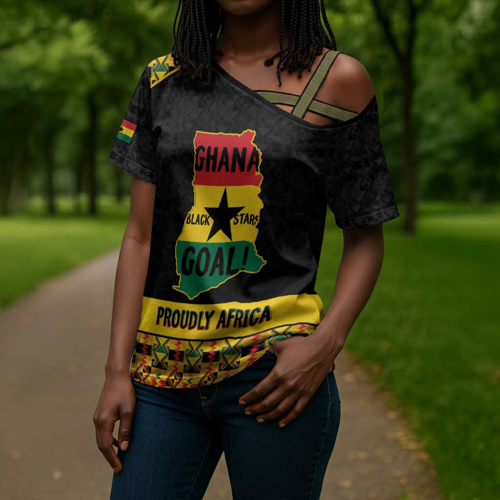 Personalized Afro Ghana Football Cross Shoulder Shirt Black Stars Never Fall - Kente Pattern - African Pride