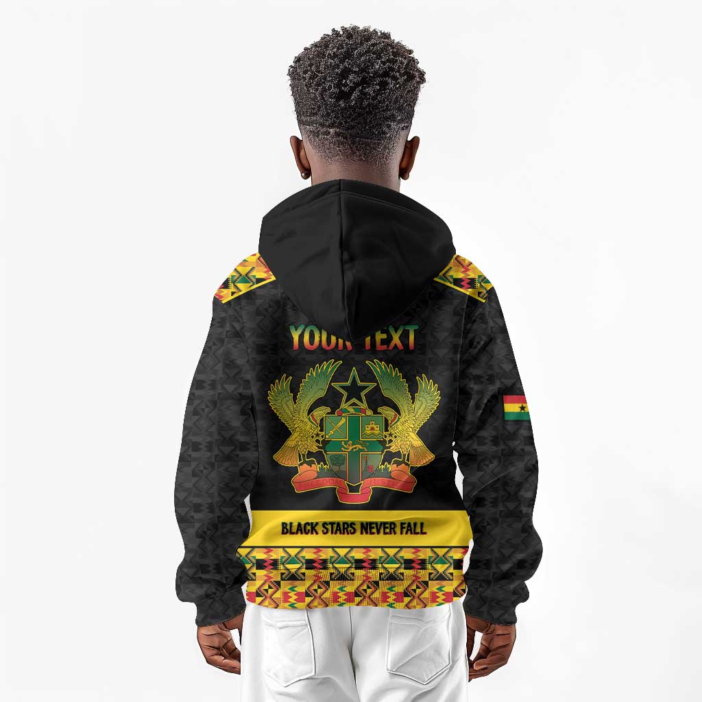 Personalized Afro Ghana Football Kid Hoodie Black Stars Never Fall - Kente Pattern - African Pride