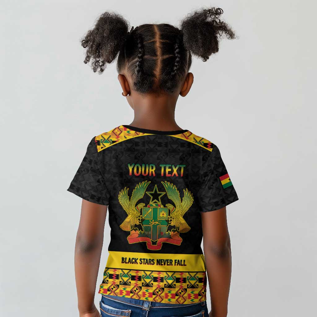 Personalized Afro Ghana Football Kid T shirt Black Stars Never Fall - Kente Pattern LT15