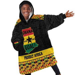 Personalized Afro Ghana Football Kid Wearable Blanket Hoodie Black Stars Never Fall - Kente Pattern - African Pride