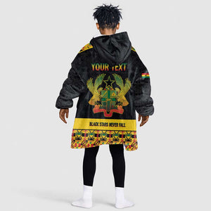 Personalized Afro Ghana Football Kid Wearable Blanket Hoodie Black Stars Never Fall - Kente Pattern - African Pride