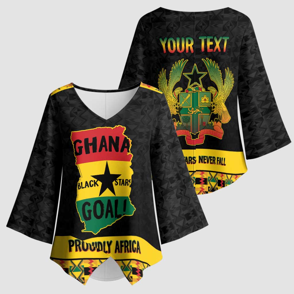 Personalized Afro Ghana Football Kimono Sleeve Blouse Black Stars Never Fall - Kente Pattern - African Pride