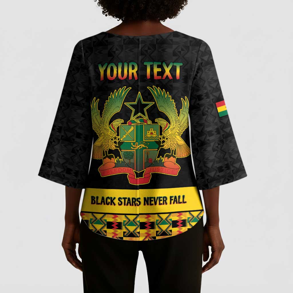 Personalized Afro Ghana Football Kimono Sleeve Blouse Black Stars Never Fall - Kente Pattern - African Pride