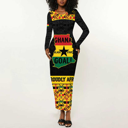 Personalized Afro Ghana Football Long Sleeve Bodycon Dress Black Stars Never Fall - Kente Pattern - African Pride