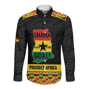 Personalized Afro Ghana Football Long Sleeve Button Shirt Black Stars Never Fall - Kente Pattern - African Pride