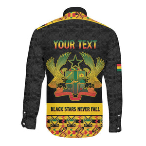 Personalized Afro Ghana Football Long Sleeve Button Shirt Black Stars Never Fall - Kente Pattern - African Pride