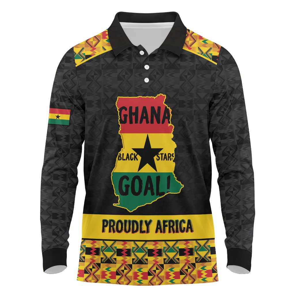 Personalized Afro Ghana Football Long Sleeve Polo Shirt Black Stars Never Fall - Kente Pattern - African Pride