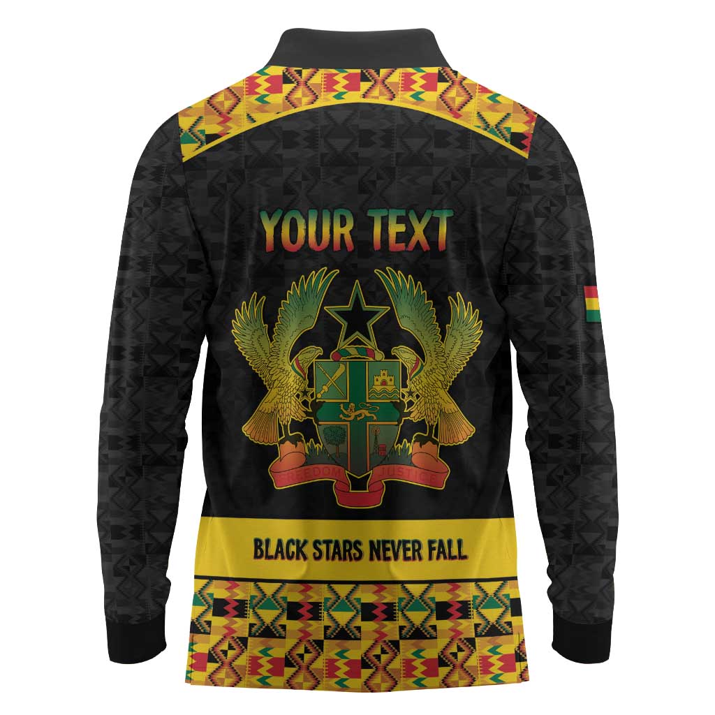 Personalized Afro Ghana Football Long Sleeve Polo Shirt Black Stars Never Fall - Kente Pattern - African Pride