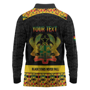 Personalized Afro Ghana Football Long Sleeve Polo Shirt Black Stars Never Fall - Kente Pattern - African Pride