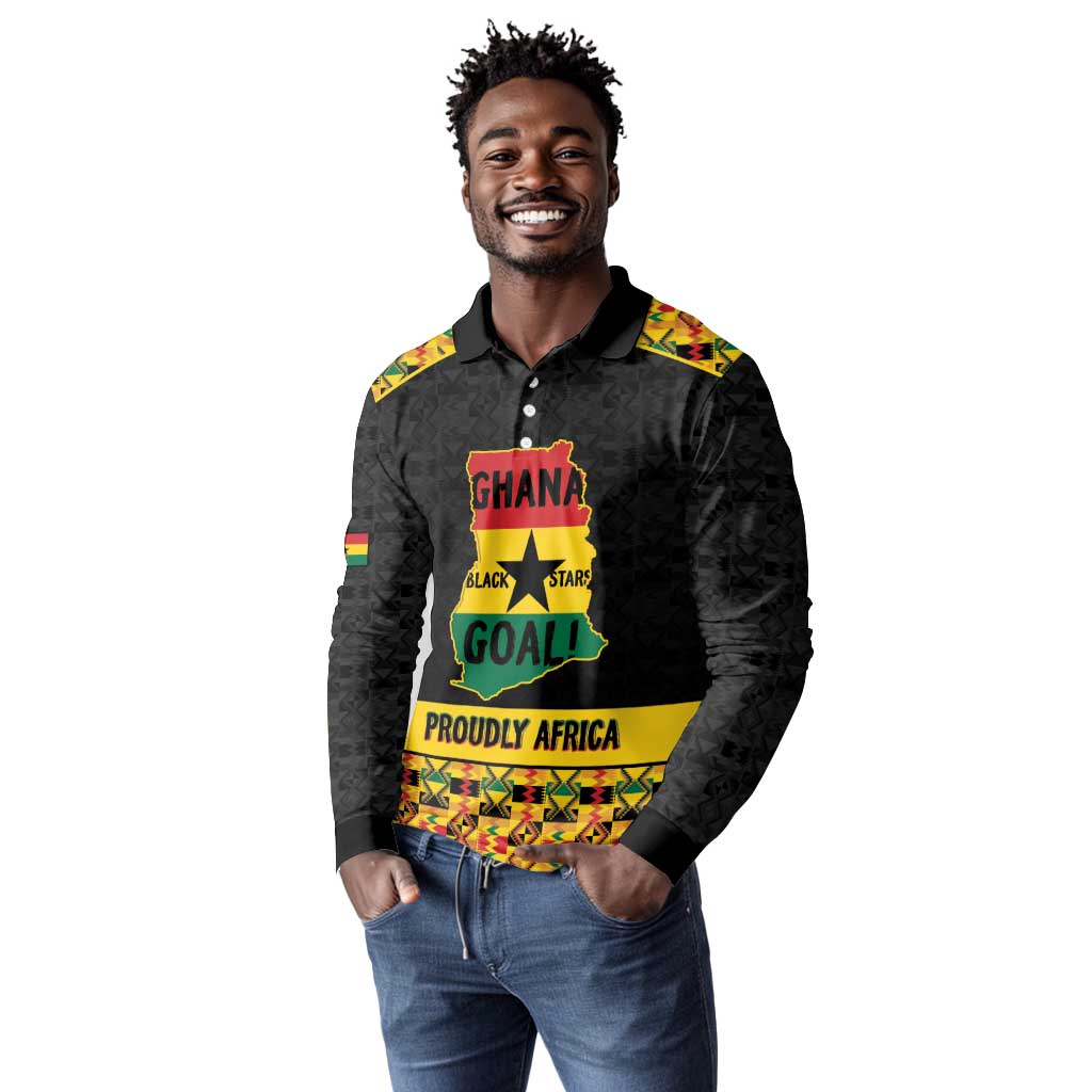 Personalized Afro Ghana Football Long Sleeve Polo Shirt Black Stars Never Fall - Kente Pattern - African Pride