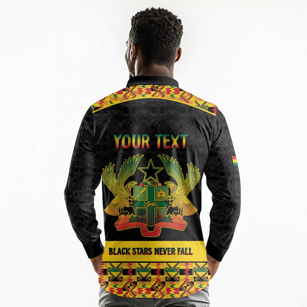 Personalized Afro Ghana Football Long Sleeve Polo Shirt Black Stars Never Fall - Kente Pattern - African Pride