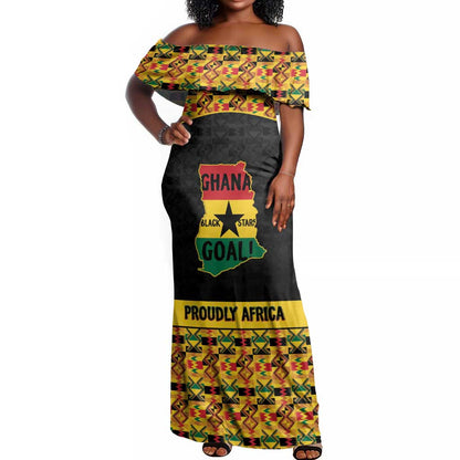 Personalized Afro Ghana Football Off Shoulder Maxi Dress Black Stars Never Fall - Kente Pattern - African Pride