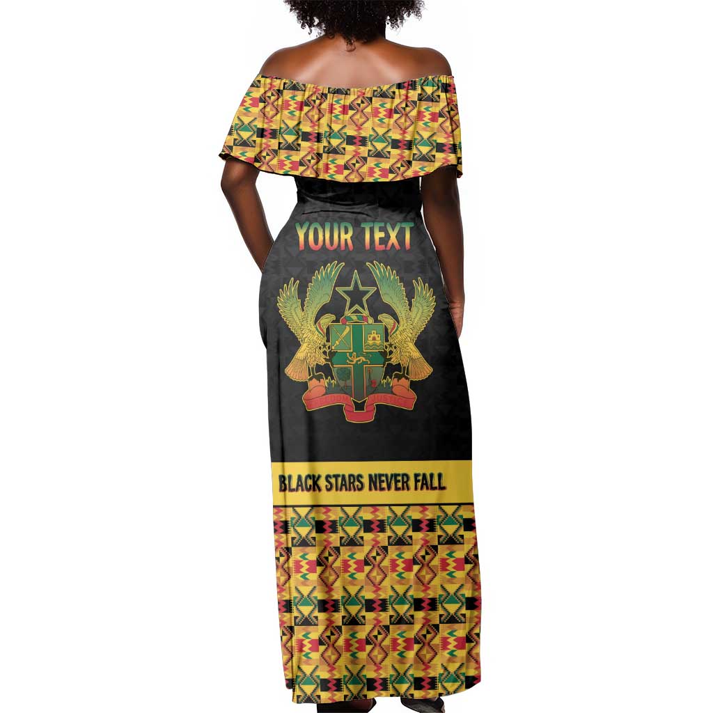 Personalized Afro Ghana Football Off Shoulder Maxi Dress Black Stars Never Fall - Kente Pattern - African Pride