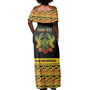 Personalized Afro Ghana Football Off Shoulder Maxi Dress Black Stars Never Fall - Kente Pattern - African Pride