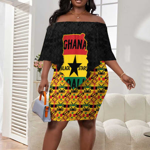 Personalized Afro Ghana Football Off Shoulder Short Dress Black Stars Never Fall - Kente Pattern - African Pride