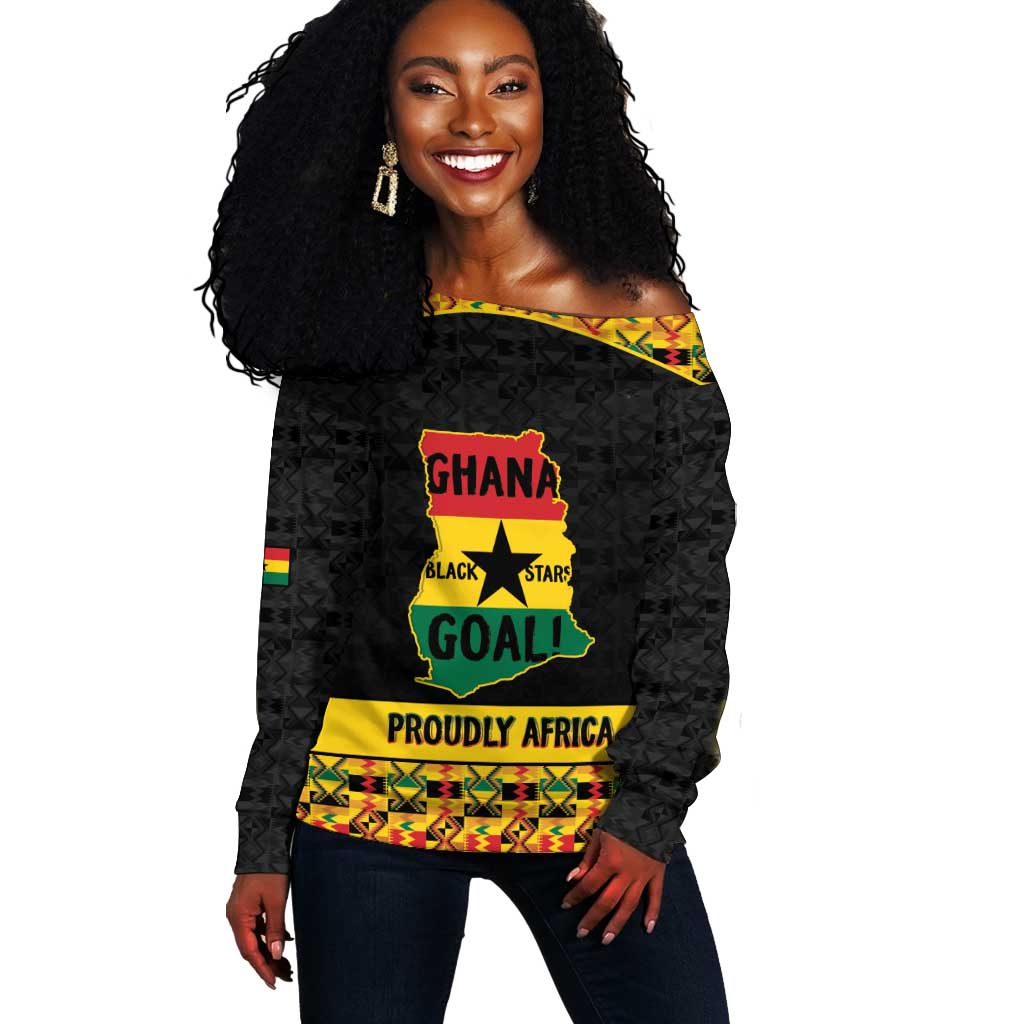 Personalized Afro Ghana Football Off Shoulder Sweater Black Stars Never Fall - Kente Pattern - African Pride