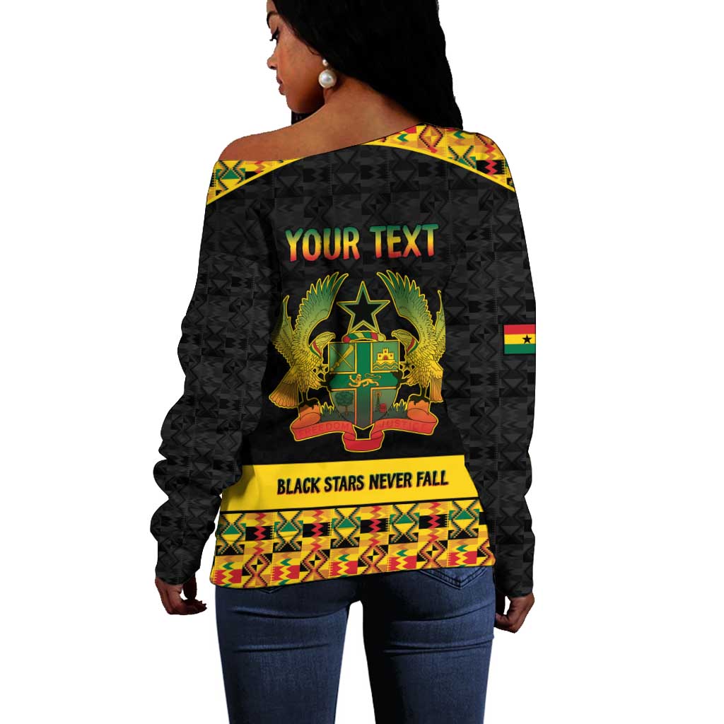 Personalized Afro Ghana Football Off Shoulder Sweater Black Stars Never Fall - Kente Pattern - African Pride
